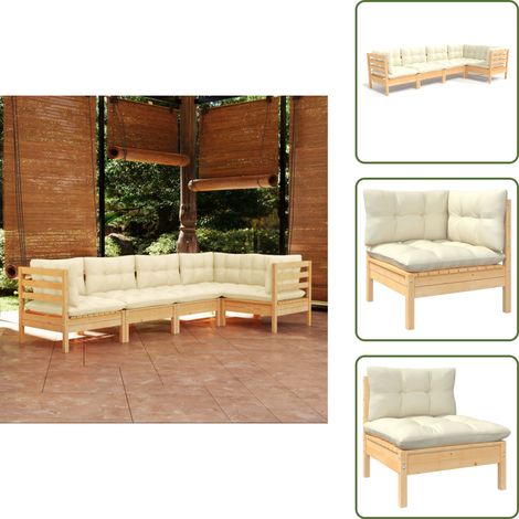 Salon de jardin 5 pcs avec coussins crème bois de pin - Ensemble Salon De Jardin - Salon De Jardin En Bois - Mobilier De Jardin - Meubles De Terrasse - Set Salon De Jardin (1/5)