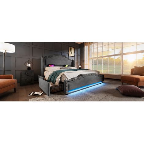 (=AB30981012G)Lit rembourré 180×200, lit double avec 4 tiroirs, éclairage LED et port de charge USB-C, lit de rangement et lit pour jeunes avec sommier à lattes, velours, gris, sans matelas (1/5)