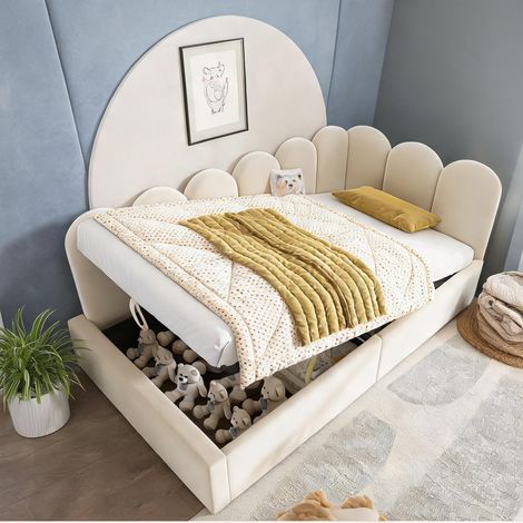 Cadre de lit beige en velours 210 x 97 x 76 cm (1/5)