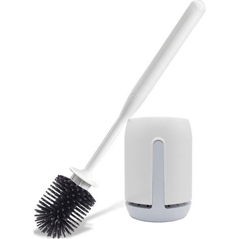 Silicone toilet brush with round head, wall-mounted or freestanding, antibacterial, quick-drying, long handle, grey (1/5)