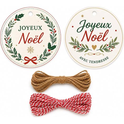 Etiquette Noel 100 Pièces, Etiquette Cadeau Noel Ronde 5 cm, Étiquettes Cadeaux Noël Joyeux Noël avec 10 m Ficelle Jute et 10 m Cordon Rouge Blanc pour Emballage Cadeaux, DIY et Décoration (1/5)