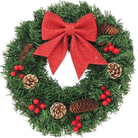 Guirlande De Noël - Guirlande En Rotin Tissé Avec Pins Simulés Cônes Et Baies Rouges - Pour Porte Fenêtre Ou Mur - 30 Cm - 1 Pièce