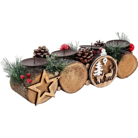 Adventsgesteck HHG-805 mit Kerzenhalter, Adventskranz Weihnachtsgesteck Holz MVG 12x41x12cm ohne Kerzen