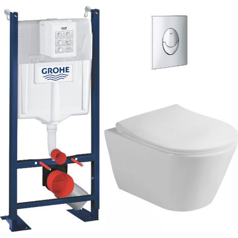 Grohe Pack WC Bâti-support autoportant + WC sans bride Lucco Avva + Abattant softclose + Plaque Chrome (ProjectAvva-2) (1/5)