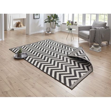 Palma Tapis réversible pour l'intérieur et l'extérieur, résistant aux intempéries, design moderne, motif zigzag, pour balcon, terrasse, jardin, jardin d'hiver, salon, imperméable, en noir et (1/5)