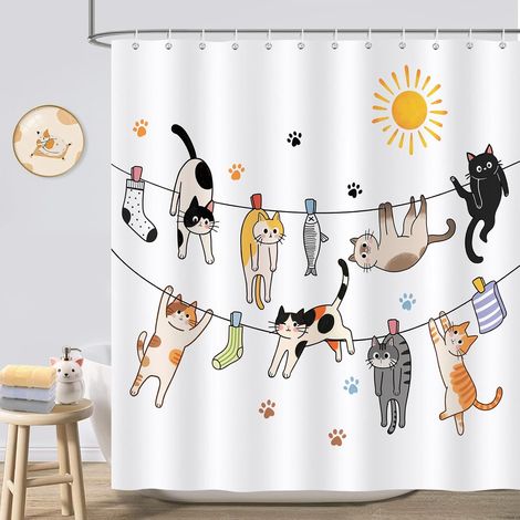 Cortina de ducha con diseño de gato adorable, divertida cortina para bañera, estilo moderno y sencillo, diseño infantil de animales, 180 x 180 cm, poliéster impermeable, resistente al moho, 12 ganchos (1/4)