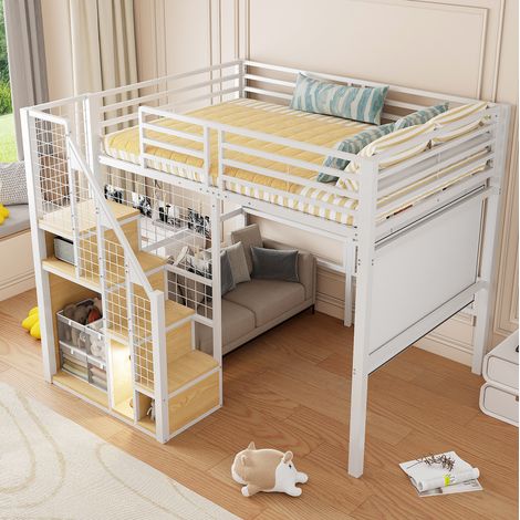 Letto rialzato 140x200 cm con vano portaoggetti e scala, bianco, materasso non incluso (1/5)