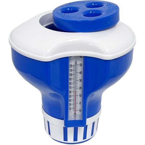 Grand flotteur doseur comprenant thermomètre, doseur de chlore réglable, pastilles de chlore et de brome, accessoires de piscine, piscine à cadre (1/5)