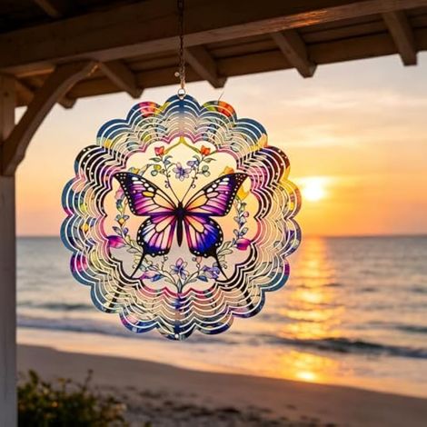 Carillon éolien Papillon de Jardin, Carillon éolien 3D coloré à Suspendre pour l'extérieur, girouette à 360° actionnée par Le Vent, Ornement Papillon pour Jardin, Balcon ou terrasse (30 cm) (1/5)