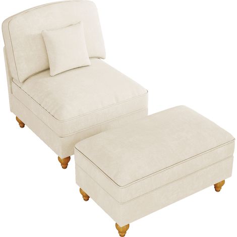 Poltrona lounge in chenille bianca con gonnellina rimovibile, gambe a fuso e pouf移动 (1/5)