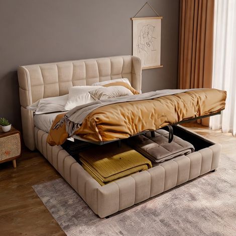 Cadre de lit beige en tissu 213 x 188 x 101 cm (1/5)