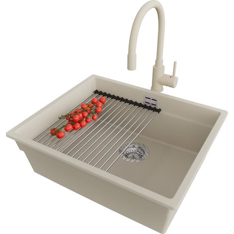 PRIMAGRAN Evier Cuisine en Granit 56x47cm, Lavabo 1 bac + Robinet 38x14cm + Kit de Vidage + Accessoire, Évier à Encastrer au meuble 60cm - Prague Slim, Beige (1/5)