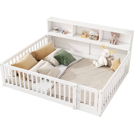 Lit banquette 140x200 cm avec barrières de sécurité et étagères latérales de rangement, sommier à lattes inclus, structure en pin et MDF blanc  CHICFURN (1/5)