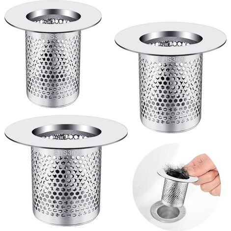 Attrape Cheveux Douche 3 Tailles, Filtre Cheveux Douche Argent Métal Inoxydable,Attrape Cheveux Baignoire Pince à Cheveux Bouchon Protecteur Marteau pour Douche Facile à Installer (1/5)