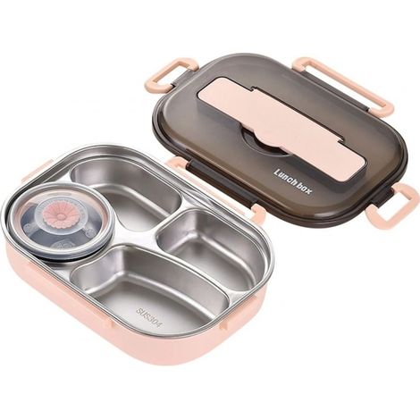 Boîte à déjeuner isotherme - Acier inoxydable 304 et plastique - 4 compartiments - 27.5 x 20 x 7.5 cm - Pour adulte et enfant - 1 pièce