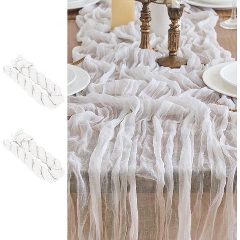 2x Tischläufer Gaze Stoff 90x300cm Weiß Boho Rustikal für Hochzeit Deko