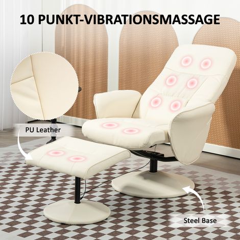Fauteuil relaxant massant avec repose-jambes, siège ergonomique à 10 zones vibrantes, cuir synthétique, 76 x 81 x 105 cm, blanc cassé (1/4)