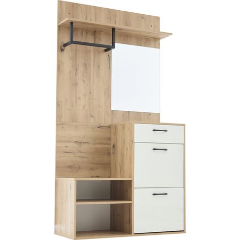 Mobile ingresso con specchio, scarpiera e appendiabiti 100x38,5x190 cm bianco legno (1/5)