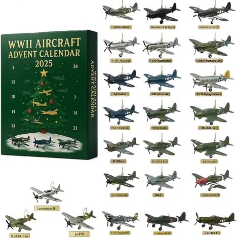 Calendrier de l'Avent 2025 avec avions de la Seconde Guerre mondiale – 24 jours. Contient 24 vignettes d'avions de chasse. Peut servir de décoration pour le sapin de Noël. (1/5)