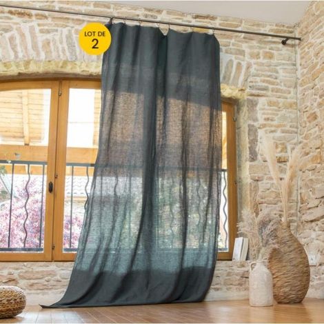 Lot de 2Rideau ajustable + 8 anneaux pince 140 x 270 cm lin lavé français luxe soline Ardoise (1/5)