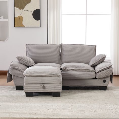 Divano a 2 posti con pouf 190x132x84 cm, seduta ampia ergonomica, USB C, tasche laterali, corduroy grigio chiaro (1/5)