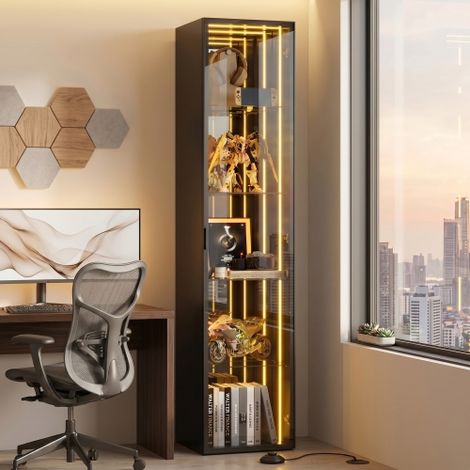 30 x 30 x 160 cm, vitrine avec porte à cadre en aluminium, verre trempé, cinq compartiments, étagères réglables, bandeau lumineux LED, charnières à fermeture amortie, noir (1/5)