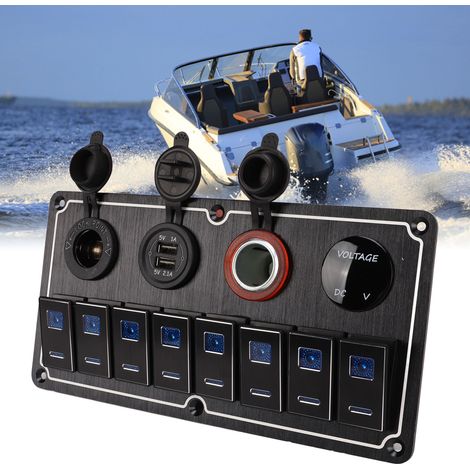 Bedienfeld für die Mittelkonsole von Pkw, Wohnmobilen und Yachten, wasserdichter 8-Wege-Metallschalter mit integrierten Komponenten, zwei blaue Ein-/Aus-Kontrollleuchten, schwarz eloxierte Oberfläche (1/5)