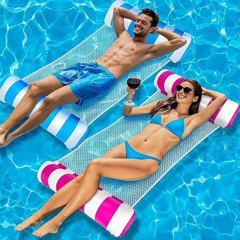 2 Pièces Bouee Piscine Adulte, Matelas Piscine Gonflable, Hamac à Eau avec Filet et Pompe à Air, Pliable Flottant Hamac Gonflable, Hamac de Piscine pour Adultes et Enfants, Piscine et Plage (1/5)
