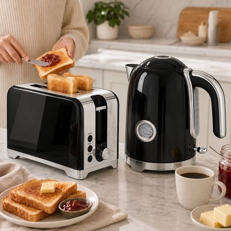 Set hervidor y tostadora 54,5x23,5x26 cm plástico negro, retro, para desayuno – MEUBLIV (1/5)