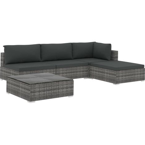 Salon de jardin 5 pcs avec coussins Résine tressée Gris 16 (1/5)