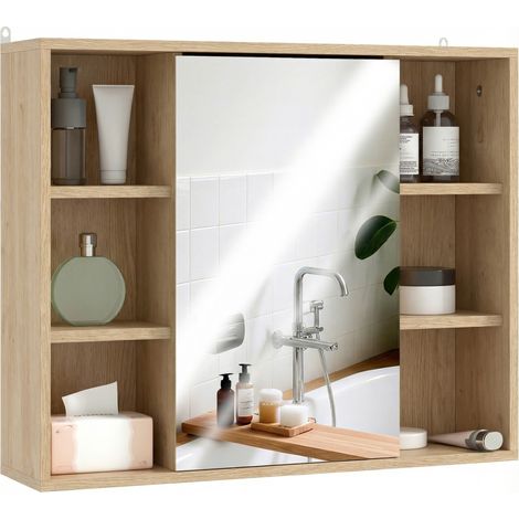 Mobiletto da bagno con specchio, armadietto con ante e 6 vani a giorno, 60 x 14,5 x 49,4 cm, legno naturale. (1/5)