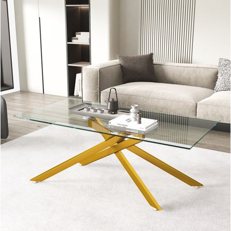 Mesa de centro rectangular de vidrio templado 120 x 60 x 46 cm, estructura metálica dorada HAVRYA (1/5)