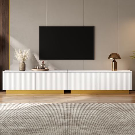 Meuble TV 200 cm Blanc Moderne avec Portes Cannelées et Tiroir - Banc TV Bas avec Passe-Câbles Rangement Salon - meuble tv cannelé Contemporain (1/5)