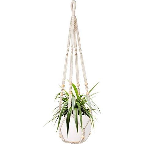 Cestino sospeso per piante da interno in corda di cotone bianca, 85 cm, con perline di legno, per decorazione d'interni, ganci non inclusi. (1/5)
