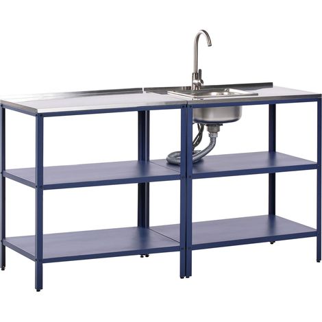 2 Piece Outdoor Kitchen Set Blue Stainless Steel 2 Kitchen Islands Sink Single Lever Outdoor Kitchen Cooking Station VILAMA