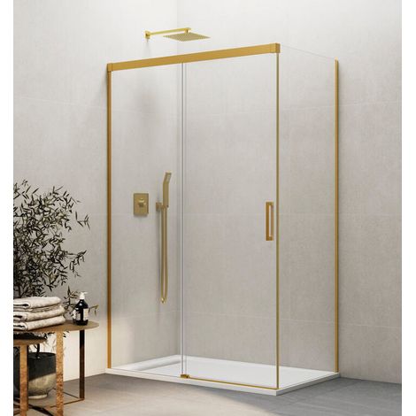 BASIC box doccia angolare con porta scorrevole, pannello fisso frontale e lato fisso, 100x75 cm, vetro trasparente, profili oro (1/5)