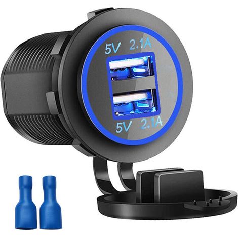 Cigarette Lighter Socket, 12V Power Outlet for Car, Motorcycle, ATV (2 USB Blue)