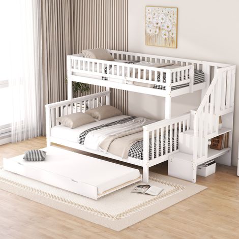 Litera 90 x 200 Cm Y 140 x 200 Cm Con Escalera De Almacenamiento Y Cama Nido, Sin Colchón, De Pino, Blanco