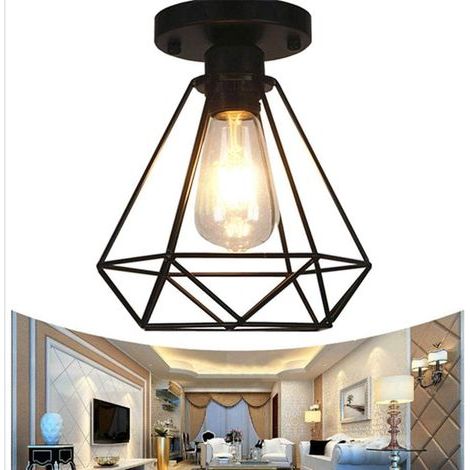 Plafonnier Industrielle Retro, Métal Cage Fer Plafonnier Industriel Noir, E27 Suspension Luminaire pour Entrée, Porche, Couloir, Chambre, Café, Bar, Restaurant (1/5)