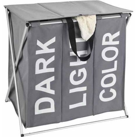 WENKO Cesto per la biancheria Trio Top a 3 scomparti, cesto per biancheria sporca con scomparto, design con scritta, capacità 118L, Poliestere - Alluminio, 57x57x38 cm, grigio (1/5)
