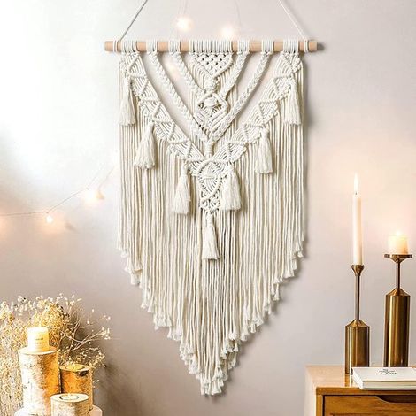 Wandbehang geometrischer Webteppich beige Baumwolle handgefertigt böhmische Kunst mit Quasten Kunsthandwerk Ornament für Schlafzimmer Wohnzimmer (1/5)