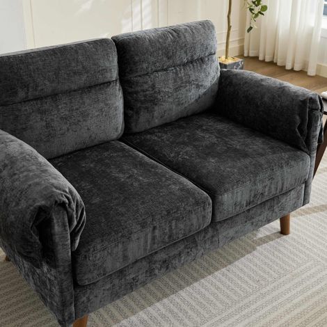 Canapé 2 Places Compact en Velours Chenille Émeraude, Style Mid-Century, avec Coussins Confortables et Pieds en Simili Bois, pour Salon - Noir (1/5)