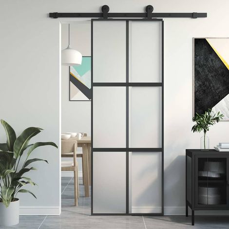 Porte Coulissante-Porte intérieure noir 76x205 cm verre trempé aluminium 624153 (1/5)