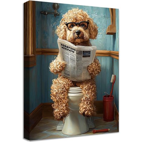Leinwandbild Badezimmer 30L x 40B cm Pudel auf Toilette Liest Zeitung (1/5)
