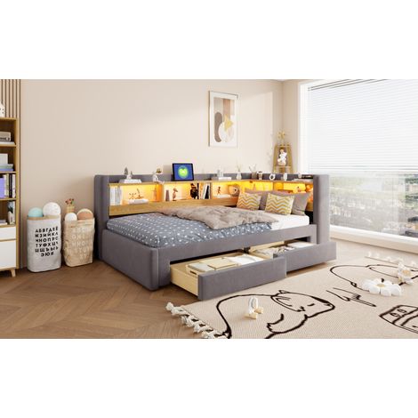 Divano letto 90/200 cm grigio, estraibile 180/200 cm con LED, presa e cassetti (1/5)