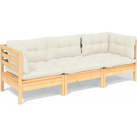 Maison Exclusive - 3-Sitzer-Gartensofa mit Creme Kissen Massivhol (1/5)