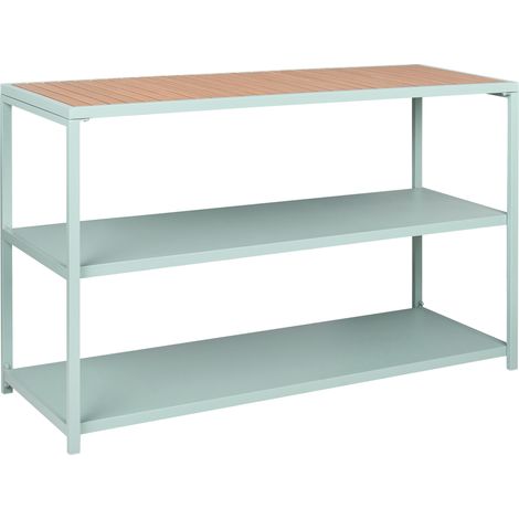 Estantería de acero isla de cocina de jardín base de acero encimera de madera plástica 150x50x90 cm verde claro madera clara Avetrana (1/5)