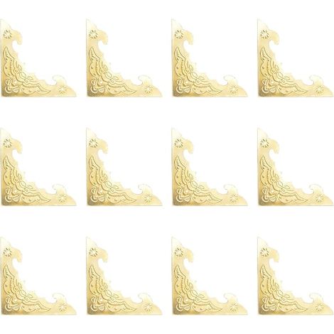 Lot de 12 équerres de coin plates décoratives en métal à motif floral vintage pour porte d'armoire, boîte en bois, doré (1/4)