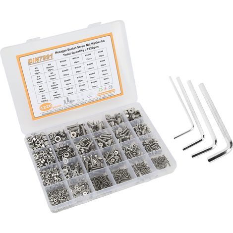 Assortment Kit of Screws, Nuts and Washers (1220 Pieces), Flat Head, 304 Stainless Steel, Sizes M2 to M5 (1/5)