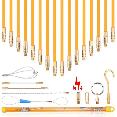 16M Einziehband Kabel Kabeleinziehhilfe, 16 Stangen x 100 cm x 4mm Kabelstangen Einziehband Kabel mit 9 Adaptern für Leerrohre zur Kabelverlegung (1/5)